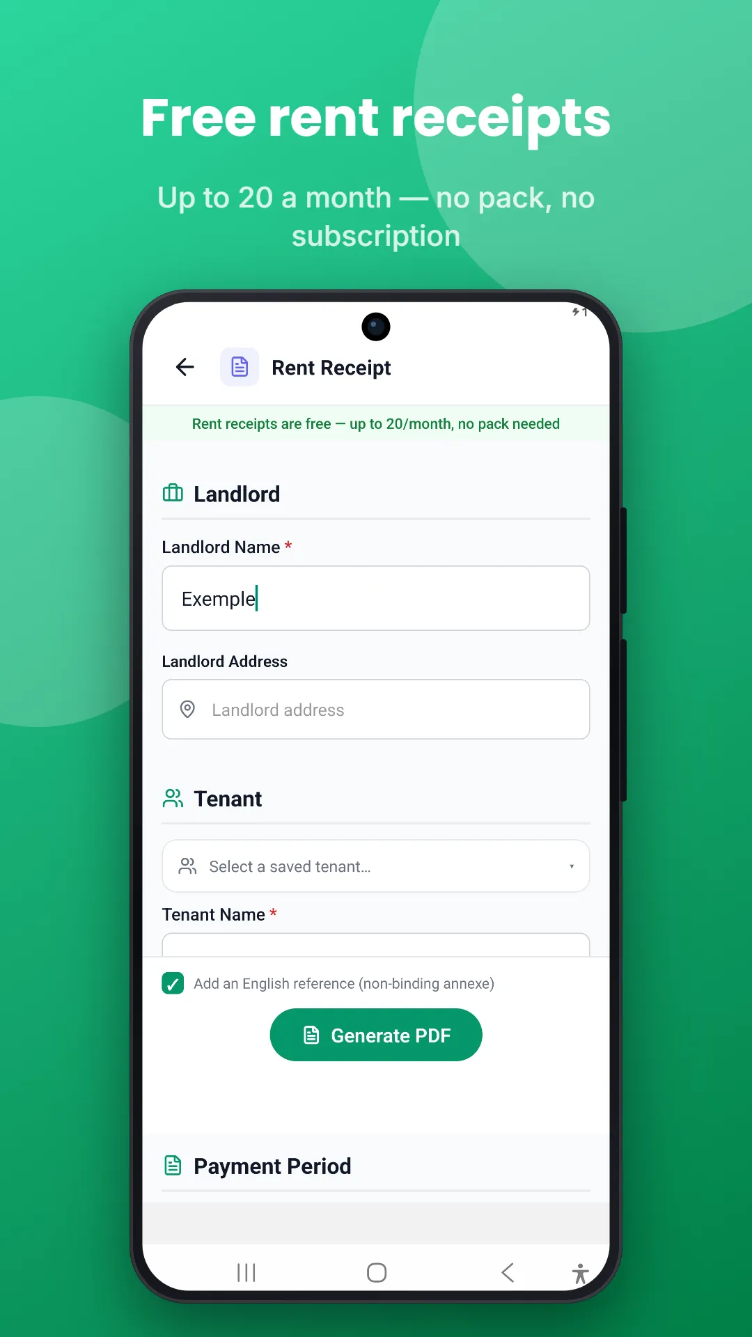 Free rent receipts — up to 20 a month: the quittance form with the green free banner and the optional English reference annexe checkbox