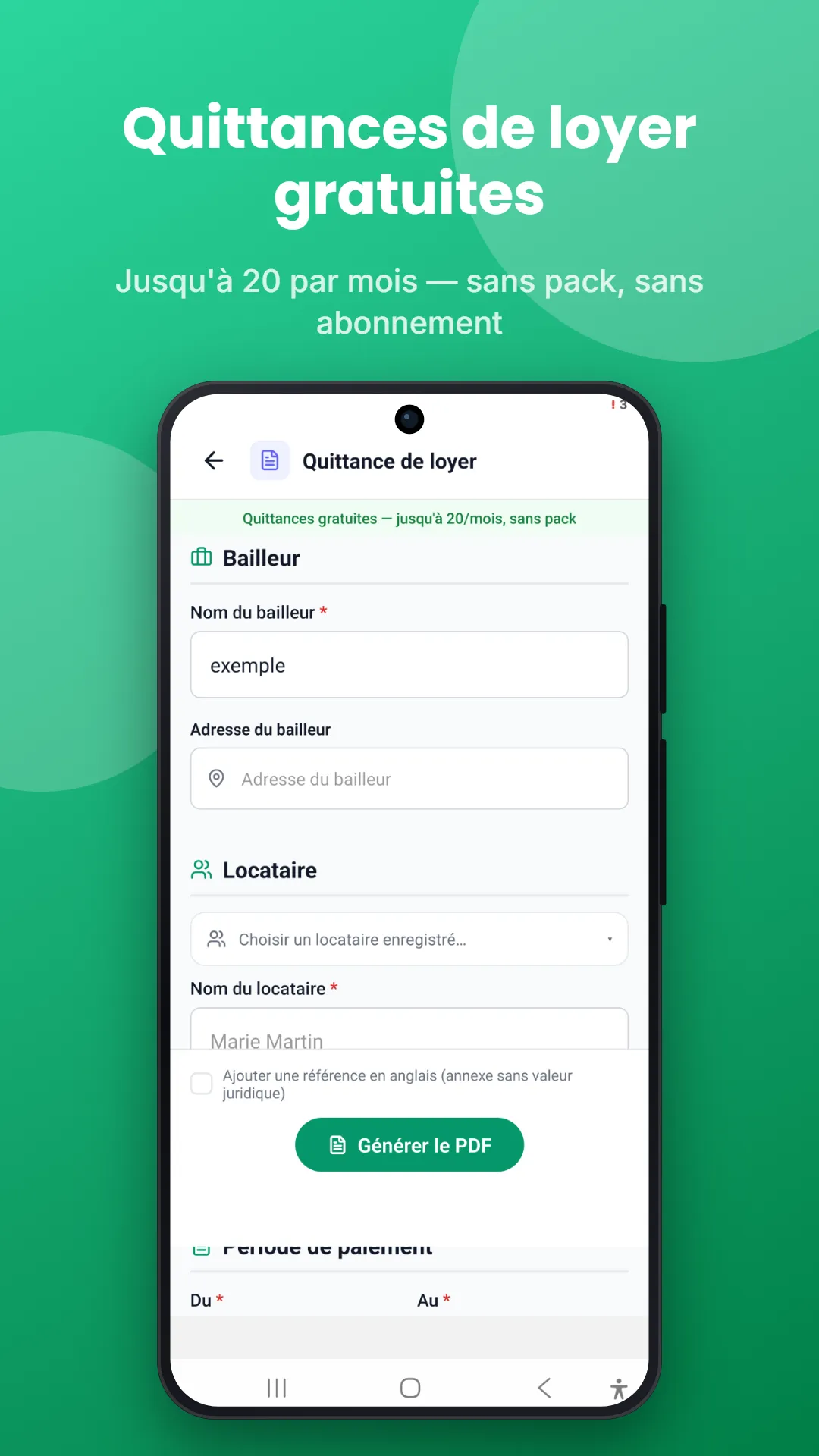 Quittances de loyer gratuites — jusqu’à 20 par mois : le formulaire de quittance avec le bandeau vert gratuit