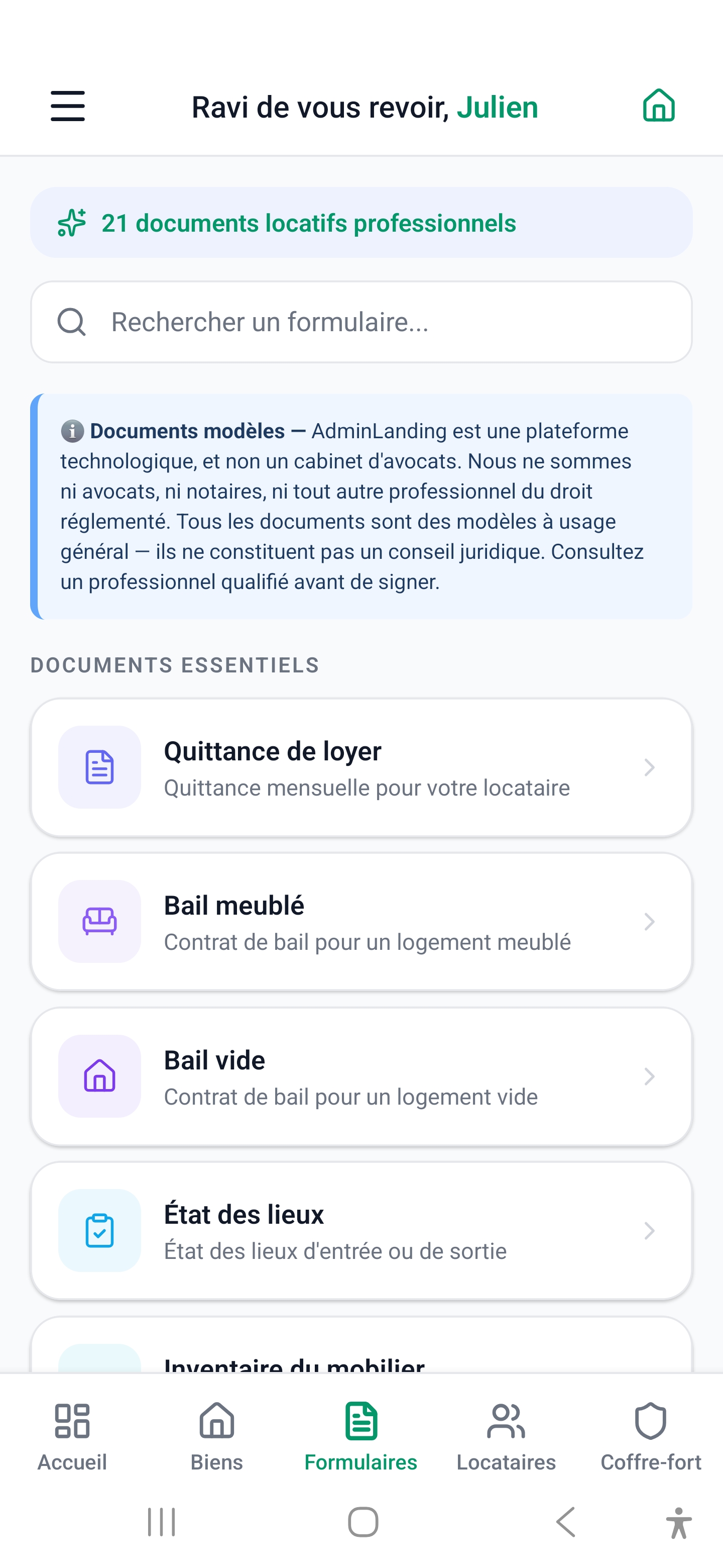 Rent — Bail, Quittance, Loyer — 19 générateurs de documents locatifs conformes ALUR sur Android